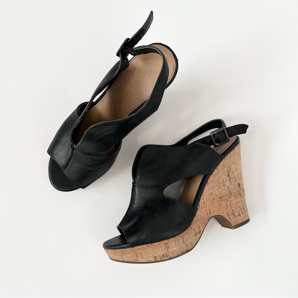 Franco Sarto black leather wedge sling back mules Size 7W Gallard clogs Peep toe